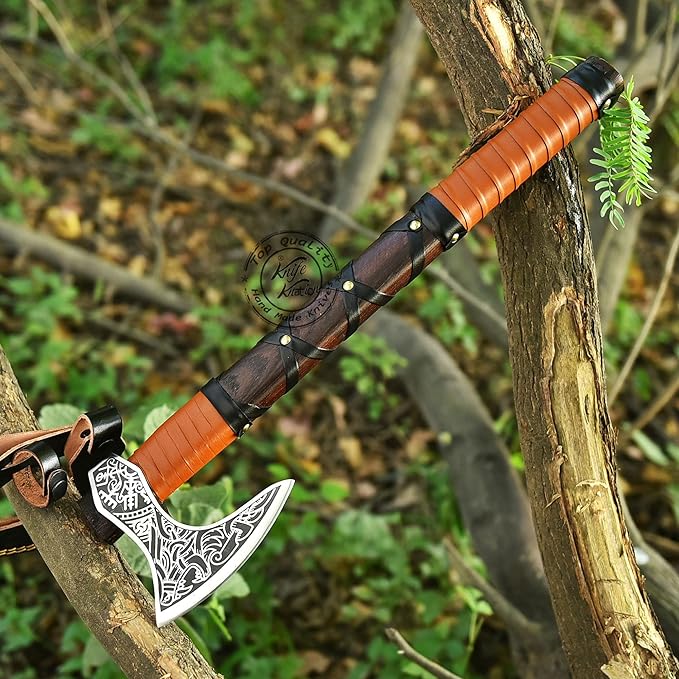 Hand-Forged Engraved Viking Axe of Ragnar Lothbrok Hunting Axe Handmade Camping Axes Hatchet-Norse Axe Tomahawk Vikings Bearded Axes with Leather-Wrapped Handle &amp Sheath (AXE-12)