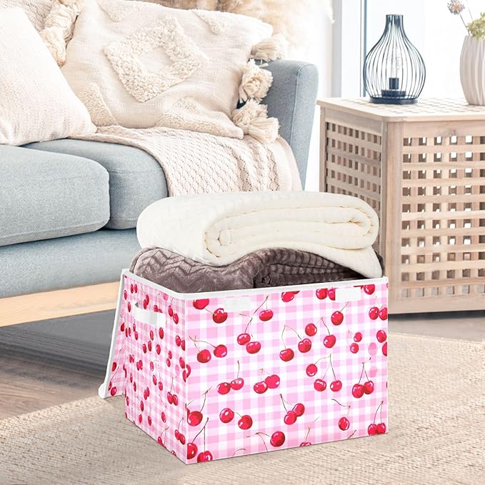 Storage Bins with Lids Storage Containers Box Organizer Bin Basket with Handles for Closet Shelves Clothes Stackable Foldable Decorative Pink Juicy Checkered Cherry