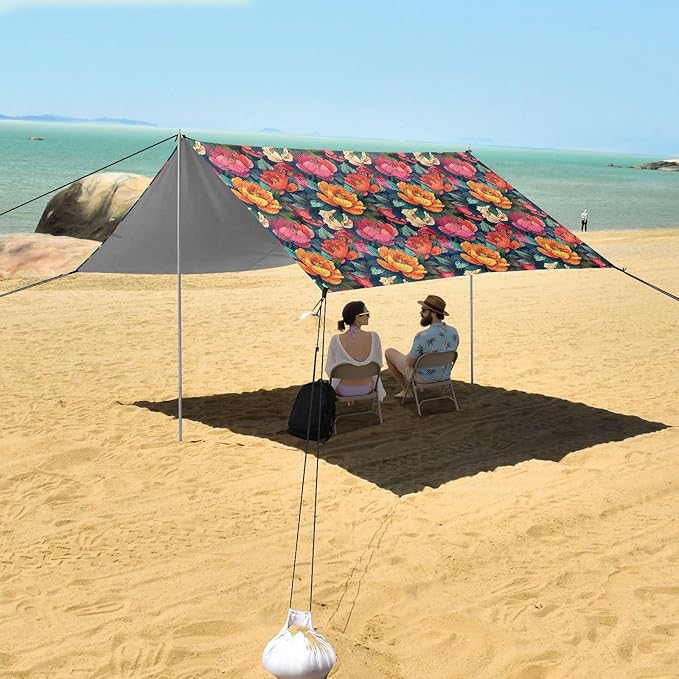 ALAZA Colorful Peony Floral Beach Tent Sun Shelter UPF50+ Protection Beach Shade Canopy w/ 4 Sandbags for Outdoor Camping Fishing Backyard Fun Picnic 10x9 ft