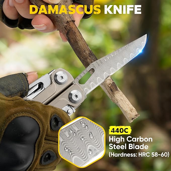 BIBURY Titanium Alloy Multitool with Damascus Knife EDC Multi tools with Replaceable Wire Cutters Scissors Screwdriver Bits Titanium Handle Multi-Tool for Camping Survival Repair - BI2049TI