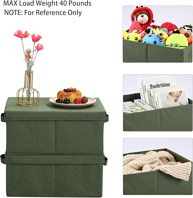 HOONEX Storage Bins with Lids for Organizing Pack of 2 Storage Boxes with 2 Carrying Handles and Sturdy Heavy Cardboard 16.5 L x 11.8 W x 7.5 H for Shoes Books Clothes Olive