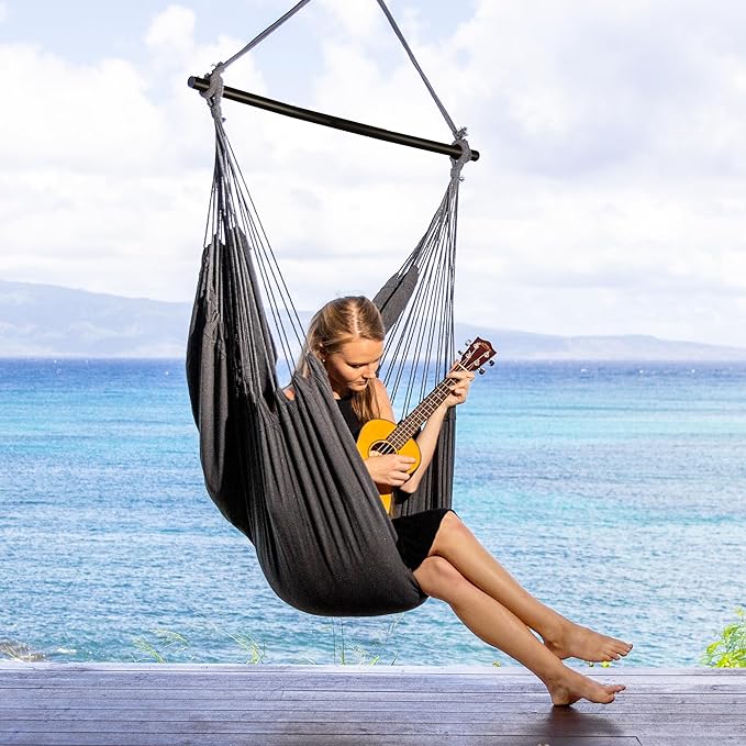 SUNCREAT Hammock Chair Swing with Steel Support Bar Side Pocket Large Hanging Chair Outdoor Max 450lbs Capacity Dark Gray