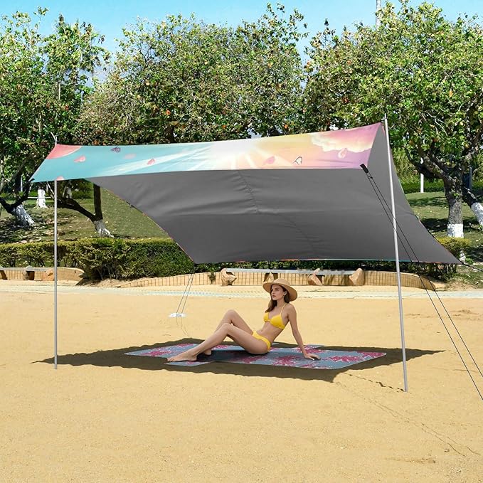 Beach Canopy with Windproof Ropes &amp Sandbags Beach Tent Sun Shade Sun Shelter for Camping Trips Fishing Backyard Fun or Picnics Landscape