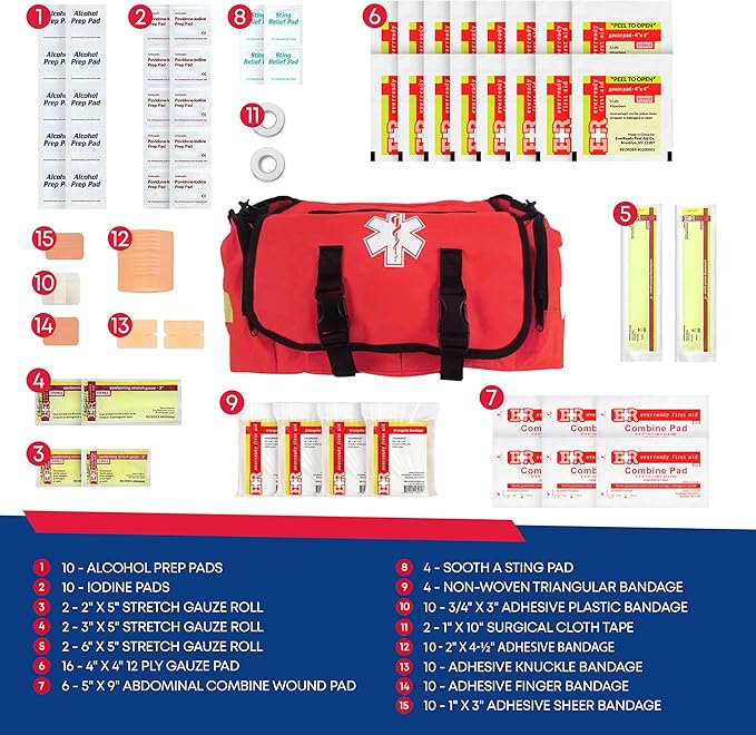 First Responder Trauma First Aid Kit Bag – Fully Stocked Emergency Medical Kit for Workplace Vehicle &amp Home – OSHA &amp ANSI Compliant – Portable – Red