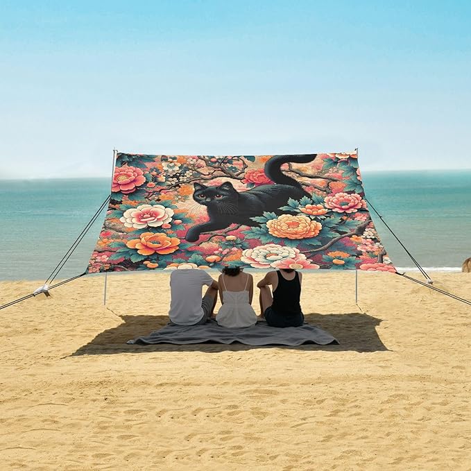 Black Cat and Japanese Flowers Beach Tent Sun Shelter Set UPF50+ UV Protection 10.5 x 9.19 FT Camping Shade Canopy with Sandbags Sand Anchors Carrying Bag and Others