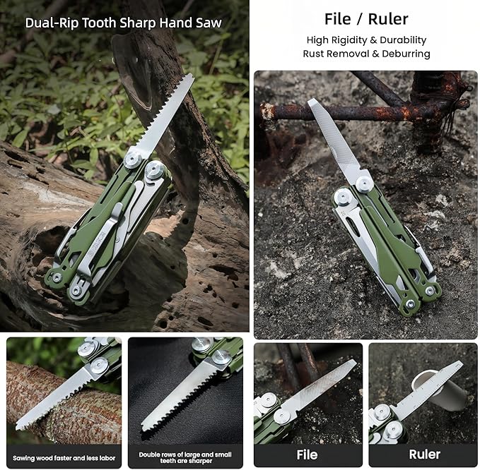 Multitools 19-in-1 Full-Size Lightweight EDC Multi-Purpose Pliers Nylon Bag Folding Knife Tactical Gear Tools Men Gift Ideas Equipment for Emergencies Hiking and Outdoor Camping (Green)