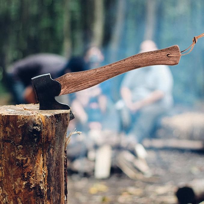 NUOBESTY 2pcs Wooden Axe Handle Replacement for Hatchet and Camp Axe 33cm Short Curved Wood Grip Handles with Anti-Slip Leather Strap for DIY Tool Restoration and Outdoor Use