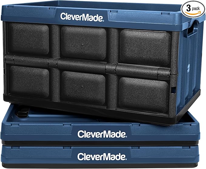 CleverMade Collapsible Storage Bins 62L (3-Pack) – Heavy Duty Collapsible Plastic Storage Bins Large Stackable Folding Storage Bins for Garage Car Grocery &amp Home Organization - Ocean