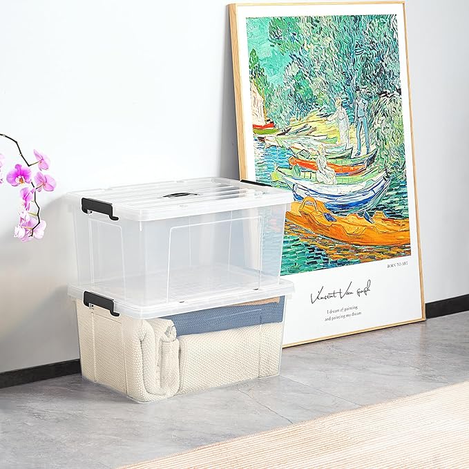 Cetomo Lidded Storage Bin with Handle Tote Organizing Container with Wheels Lid and Secure Latching Buckles Stackable and Nestable Plastic 72 Quart-6 Pack Clear