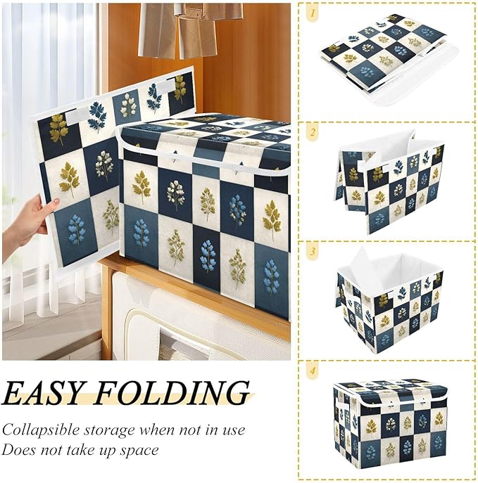 Lidded Storage Cube Luxury Leaf Checkered Print 1 Pack Collapsible Large Capacity Foldable Storage Basket Bin Organizer 16.5×12.6×11.8 in