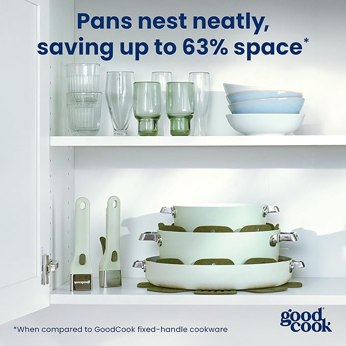 GoodCook Ceramic Cookware Set 14-Piece with Removable Handles Nonstick Pots &amp Pans Induction &amp Oven Safe Sage Green