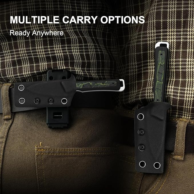 Kizer Whiskey Jack Fixed Blade Knife 2.06 Drop Point AEB-L Blade Hunting Knife with Kydex Sheath Black &amp Green G10 &amp Damascus G10 Handle EDC Knives for Camping Survival 1108A3