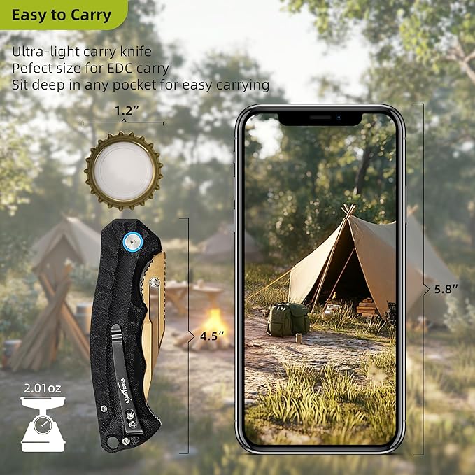 ALBATROSS Black &amp Gold Pocket Knife Unique Father's Day Gifts Gold D2 Blade 2oz Ultra-Light G10 Handle Liner Lock Gift Box for Father's Day Birthday