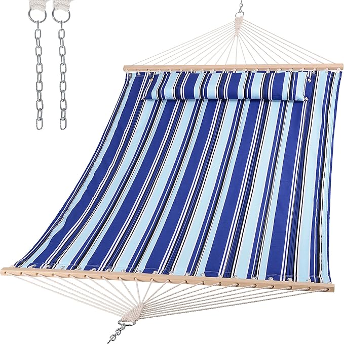 SUNCREAT Hammocks Quilted Fabric Hammock Double Hammock with Spreader Bar Soft Pillow Max 475lbs Capacity Blue Stripes