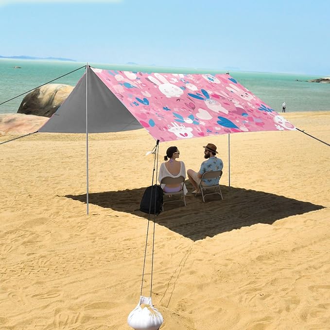 Pink Glittering Beach Tent UPF50+ Protection Waterproof Sun Shelter with Sand Shovel Sandbags for Camping Picnics Backyard &amp Fishing