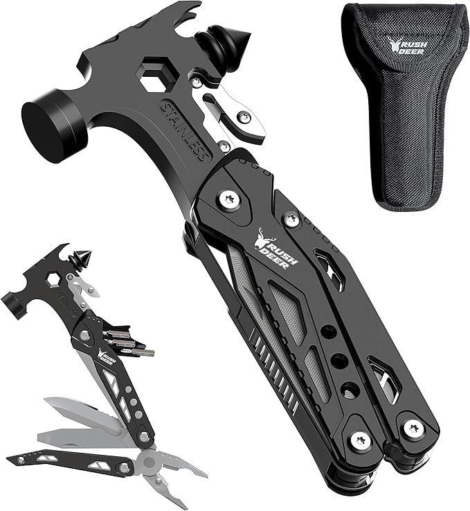 Rush Deer Camping Essentials Multitool16 in 1 Multi Tool Survival Gear with Hammer Pliers Knife Screwdrivers Bottle Opener &amp Car Safety Hammer for Camping Hiking Gift for Dad Him