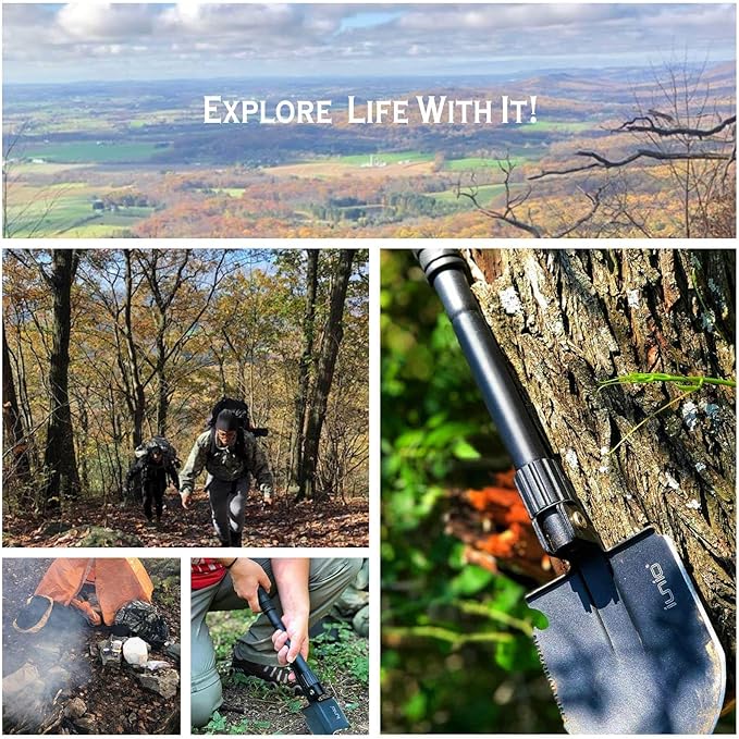 iunio Camping ShovelShovel Folding Portable Multitool Foldable Entrenching Tool Collapsible Spade for Backpacking Trenching Hiking Survival Car Emergency