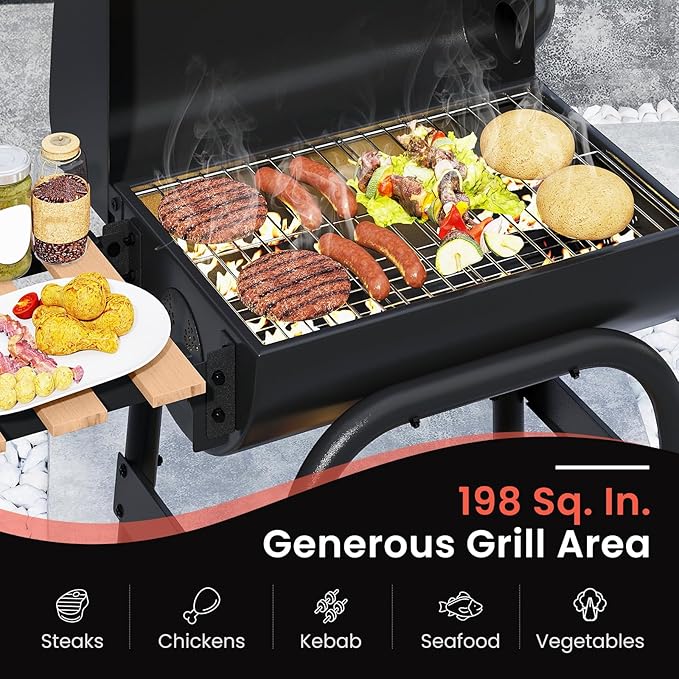 Happygrill Barrel Charcoal Grill Outdoor BBQ Smoker Grill w/Foldable Side Table Built-in Thermometer Storage Shelf Adjustable Air Vent Portable Barbecue Grills w/Wheels for Camping &amp Picnic