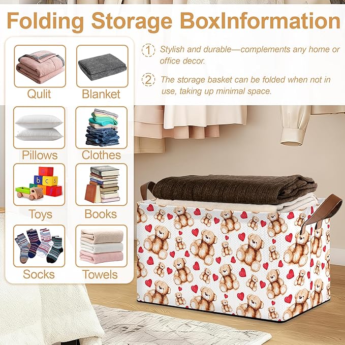 Bear Heart Storage Bin with Handles Valentines Love Basket Storage Organizer for Shelves Closet Nursery Book Laundry Hamper &amp Home Decor