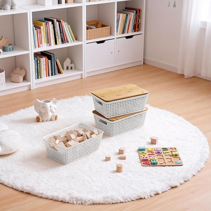 Storage Bins with Lids 8 Packs Plastic Storage Bins with Bamboo Lids for Pantry Organization and Storage Containers for Shelves Drawers Desktop Closet Playroom Classroom Office Home White