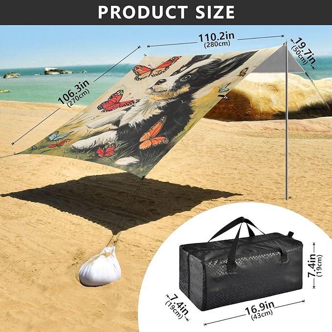 ALAZA Puppy Dog Play with Butterflies Beach Tent Sun Shelter Portable Canopy Sunshade for Outdoor Camping Picnics Backyard Fun 10x9 ft