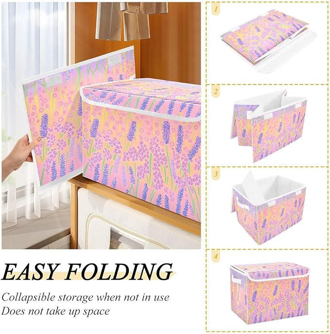 AIXIWAWA Lidded Storage Cube (Cartoon Lavender) Fabric Foldable Closet Bins with Flip Lid and Handles Organizer Basket Container 16.5 x 12.6 x 11.8 IN