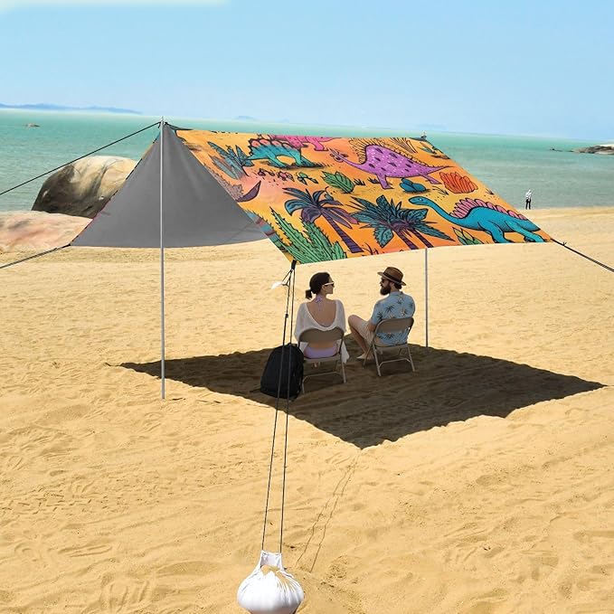 ALAZA Colorful Dinosaur Palm Tree Cactus Beach Tent Sun Shelter Portable Canopy Sunshade for Outdoor Camping Picnics Backyard Fun 10x9 ft