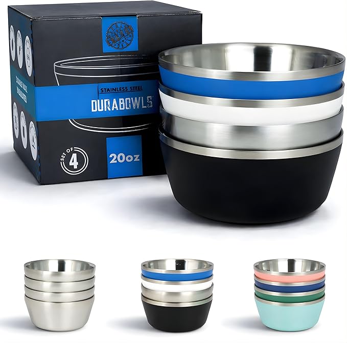 Stainless Steel Insulated Bowls - Set of 4-20 Oz Double Wall Metal Bowls for Ice Cream Soup Cereal Snack Rice Dish Camping (Assorted 1 (Black White Blue Natural))