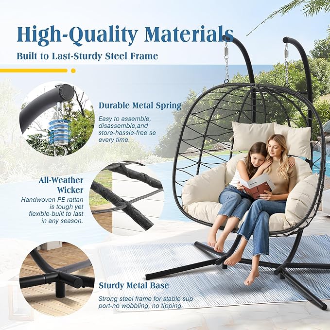 Double Egg Chair with Stand Foldable 2 Person Hanging Swing Chair with Cushion Wicker Rattan Hammock Swing Chair Indoor Outdoor Loveseat 650 LBS Capacity for Patio Bedroom Balcony Garden