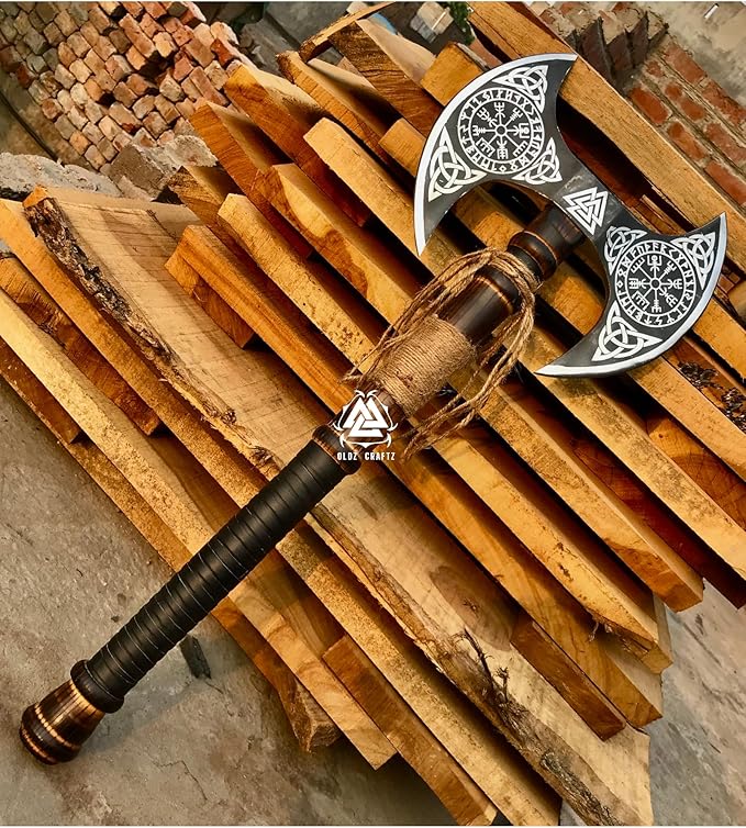 viking tools AxesFunctional Axe Bushcraft Axe Hatchet for Hunting Bearded Axe Double Head Axe Tool with Free Leather Sheath dd007 Black/Sliver (Viking Double Bit Axe)