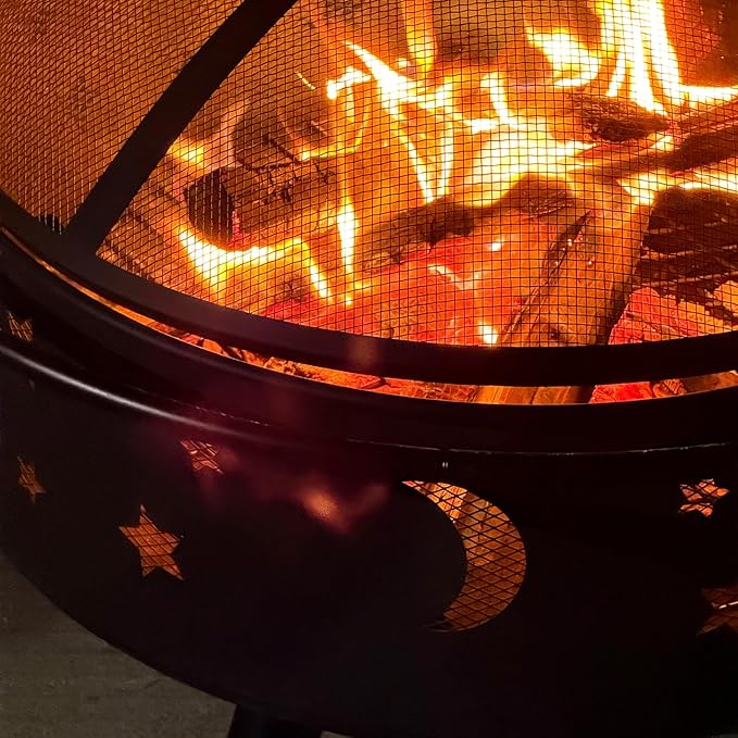 32 Inch Fire Pit Outdoor Fireplace 2 in 1 Metal Round Firepit for Outside Bonfire Party BBQ Camping Backyard Patio Garden Picnic w/Fire Poker Spark Screen Grate Cover (Moon&ampStar)