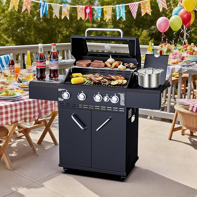 4 Burners Propane Gas Grill with Visual Glass 50000 BTU Propane Grill with Side Burner Double-Layer Lid Stainless Steel GrateOutdoor Cook BBQ Grill for Patio Camping Backyard