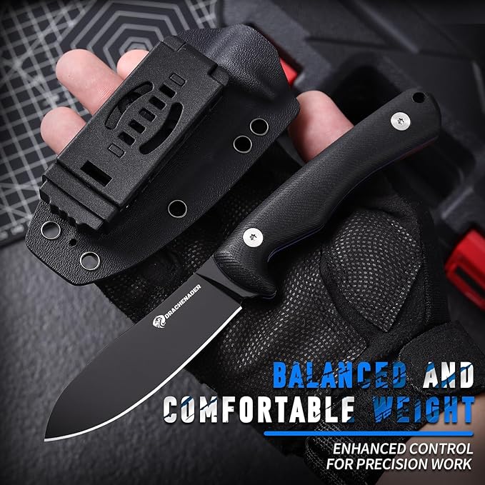 DRACHENADER SHADOW 8.11 Fixed Blade Hunting Knife D2 Steel Blade Survival Knife with Kydex Sheath Horizontal Carry for Men Outdoor Skinning and Camping (Black)