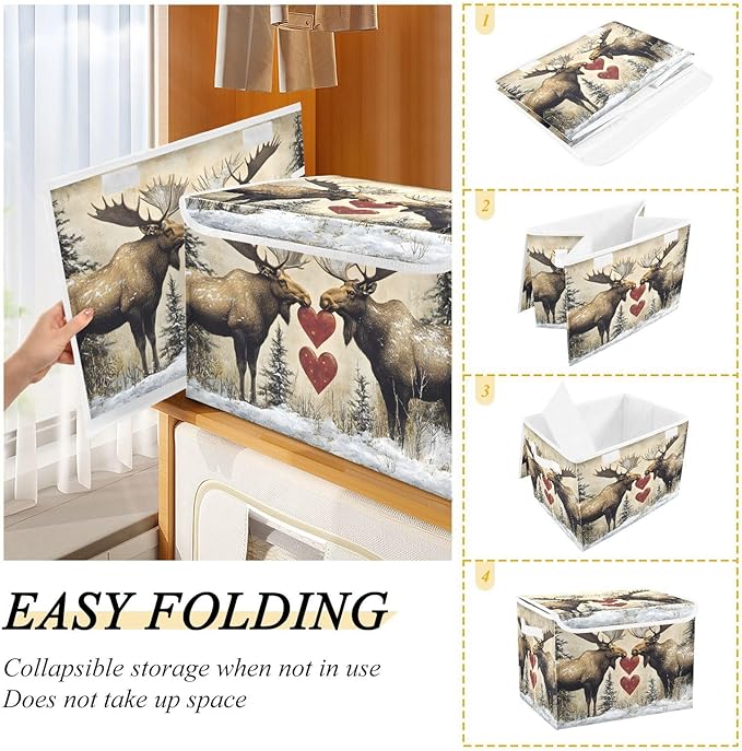 AIXIWAWA Lidded Storage Cube (Heart Moose) Fabric Foldable Closet Bins with Flip Lid and Handles Organizer Basket Container 16.5 x 12.6 x 11.8 IN