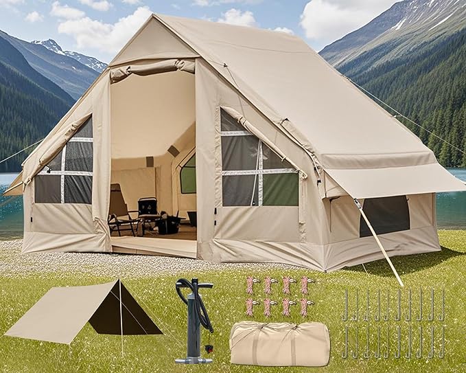 Inflatable Camping Tent2/4/6/8 Person Glamping Inflatable Tents with Awning Quick Setup Blow Up Tents with Pump Waterproof Oxford Inflatable House for Camping Air Glamping Hot Tents for Adult