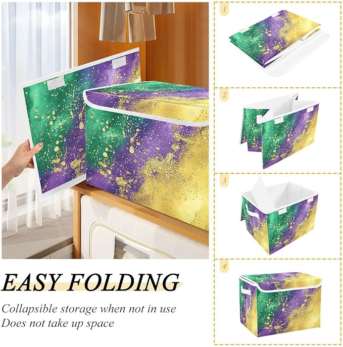 Mardi Gras Background Fabric Storage Bins with Lids and HandleFoldable Storage Bins with LidsCloset Organizers for Clothes Storage Room Organization Office Storage Chest Organizer