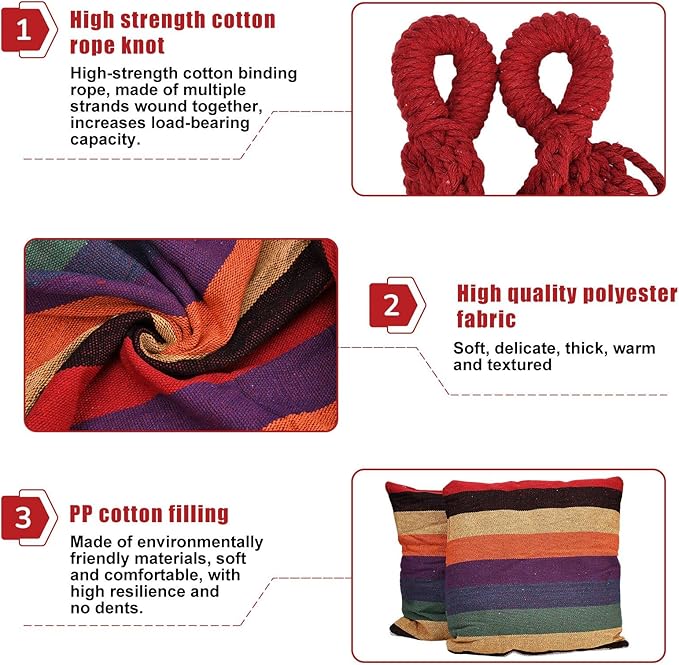 Hammock Chair Hanging Swing with 2 Pillows &amp Side Pocket Soft Cotton Tassel Swinging Chair with Strong Webbing Straps &amp Hooks Indoor Outdoor Comfort Seat (Red)