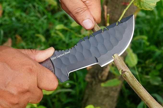 Ottoza 1095 Carbon Steel Tracker Knife with Horizontal Carry Leather Sheath – Full Tang Fixed Blade Survival Knife for Outdoors and Wenge Wood Handle 412