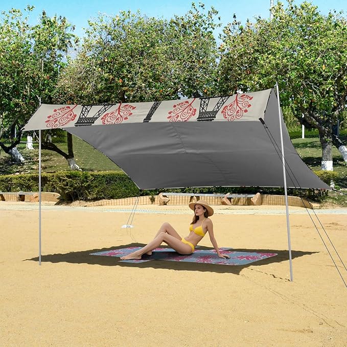 xigua Eiffel Tower Beach Tent Sun Shelter with Carrying Bag - Silver Coated Oxford Fabric Beach Canopy for Beach Camping Fishing - Includes Windproof Ropes Sandbags &amp Stakes