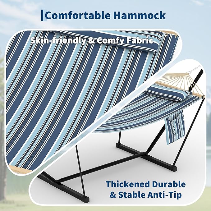 GarveeLife Outdoor Double Hammock with Heavy Duty Adjustable Steel Stand Portable 2 Person Hammock for Patio Garden Beach Backyard