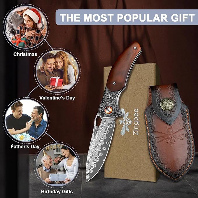 Zingbee Damascus Pocket Knife with Sheath 3.35 Damascus Steel Blade Knife with Wooden Handle EDC Pocket Knives &amp Folding Knives for Outdoor Camping Ideal Gifts for Men Women