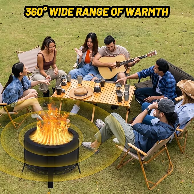 GarveeLife 26 in Smokeless Fire Pit with Ash Tray BaseSmokeless Outdoor Firepits with Adjustable Foot&ampFire PokerFirepit with Dust BagOutdoor Fire Pits for BBQBonfireCamping