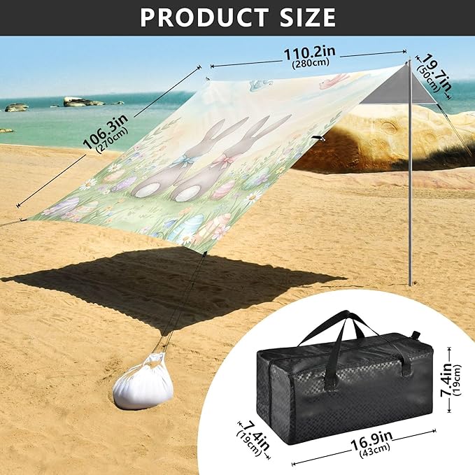 Easter Bunny Beach Canopy Sun Shelter with Sandbags &amp Sand Shovel &amp Windproof Ropes - Portable 110x126 Beach Shade Beach Tent for Camping Picnics
