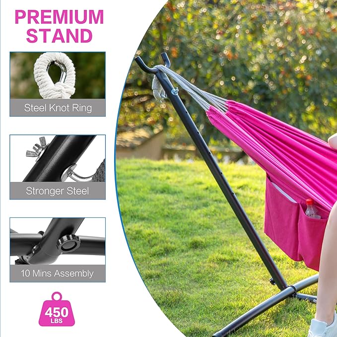PNAEUT Double Hammocks with Stand for Outside Portable Space Saving Heavy-Duty Steel Stand for Indoor Outdoor Patio with Carrying Bag 450 lbs Capacity (Rose Pink)