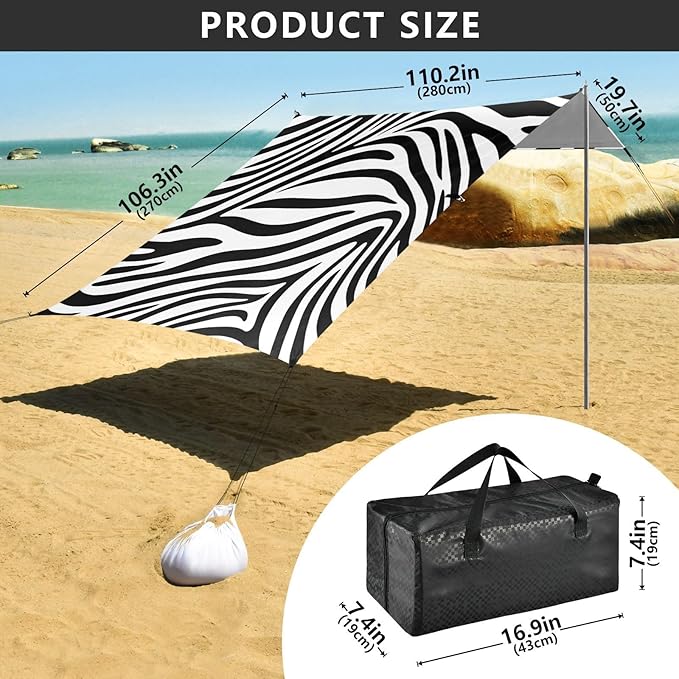 Beach Canopy with Windproof Ropes &amp Sandbags Beach Tent Sun Shade Sun Shelter for Camping Trips Fishing Backyard Fun or Picnics Zebra Elements