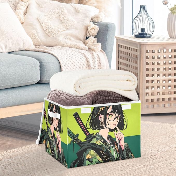Green Samurai Storage Cube Bins Basket with Lid Collapsible Flip-top Fabric with Handle for Home Bedroom Closet Office 16.5×12.6×11.8 in