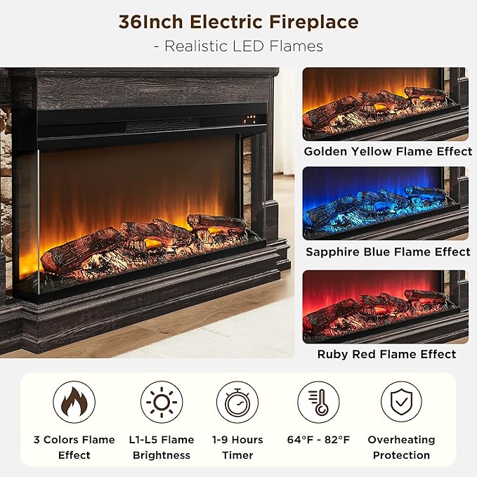 OKD 52 Inch Electric Fireplace with Mantel Fireplace TV Stand with 36 3-Sided Glass Electric Fireplace Heater for Living Room Dark Rustic Oak