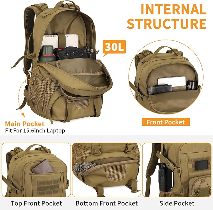 HUNTVP Military Tactical Backpack MOLLE Backpack Rucksack Gear Assault Pack Daypack for Hunting Camping Hiking 30L Brown