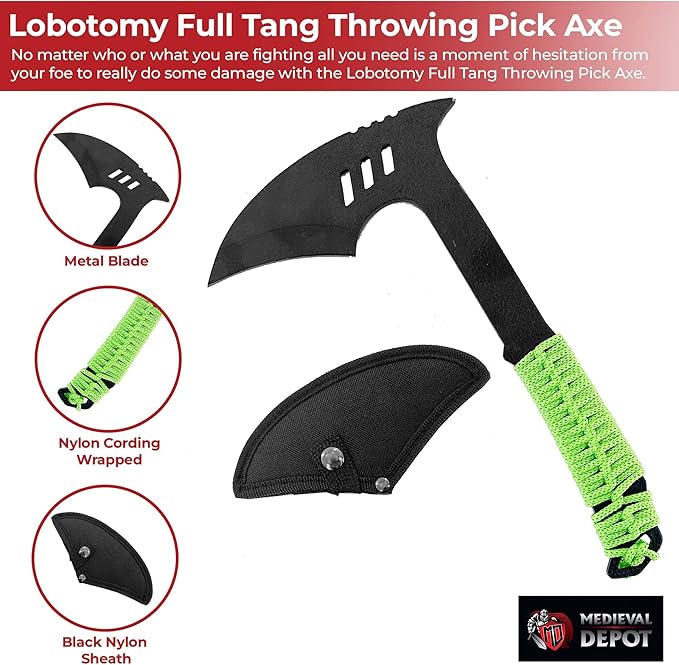 MedievalDepot Full Tang Throwing Pickaxe: Tactical Survival Tool Black &amp Green - Unmatched Durability Razor-Sharp Blade Comfortable Grip Axe