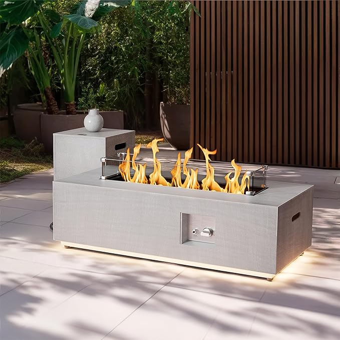 2-Piece 42 LED Rectangular Propane Fire Pit for Outside Patio with Hidden Tank Table 50000 BTU Fireplaces with Glass Wind Guard Lid Glass Rocks Cover(Light Grey w/Warm Light)